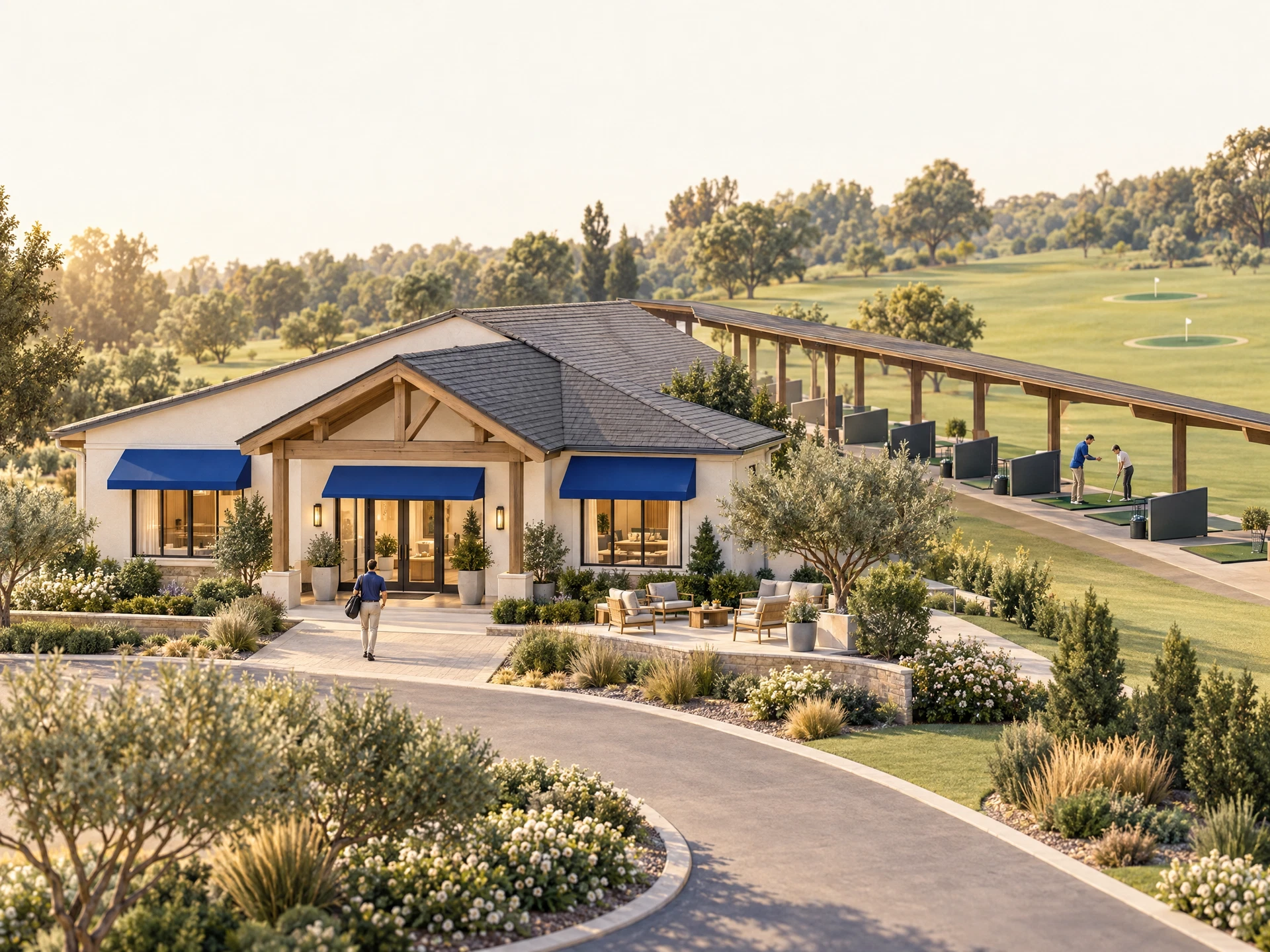 Concept illustration of a welcoming golf practice and coaching center with a reception pavilion, driving-range bays and green grounds