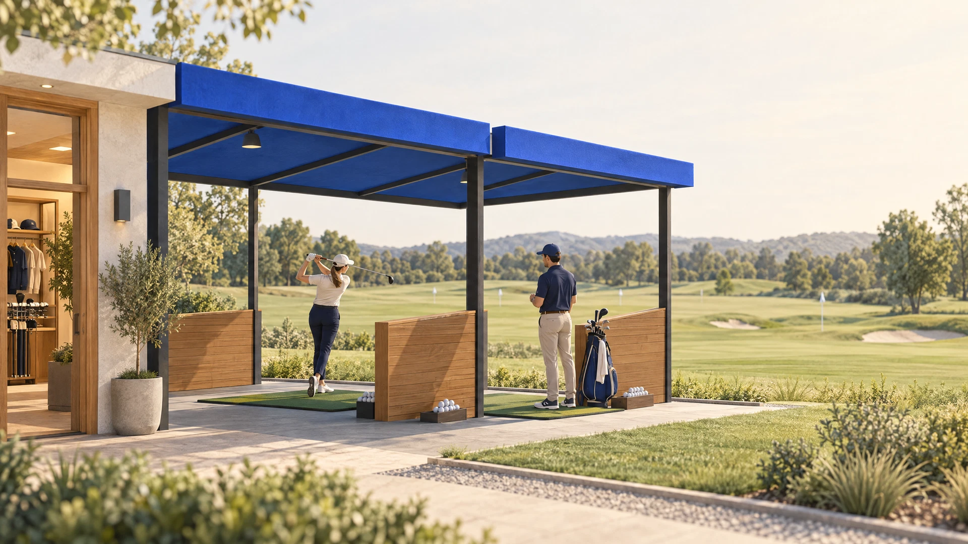 Concept illustration of an inviting golf training facility with sheltered practice bays, an instructor and a learner