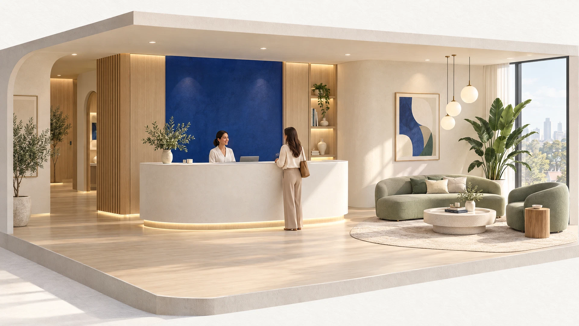 Concept illustration of a calm, welcoming aesthetic clinic reception with comfortable seating and warm natural materials